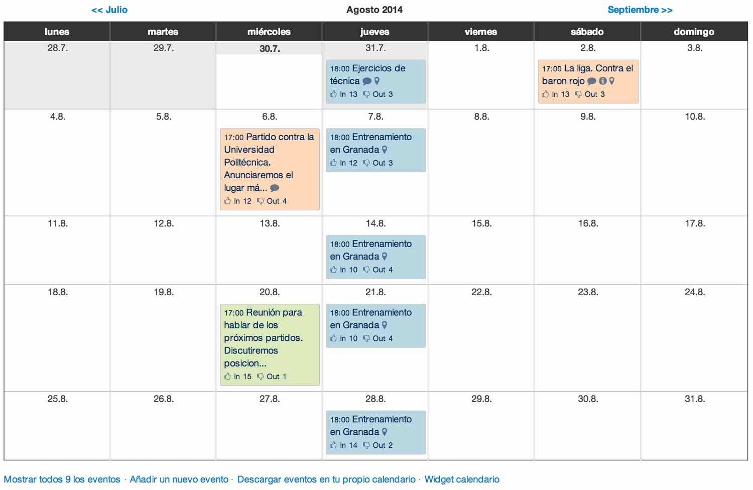 Example of monthly calendar
